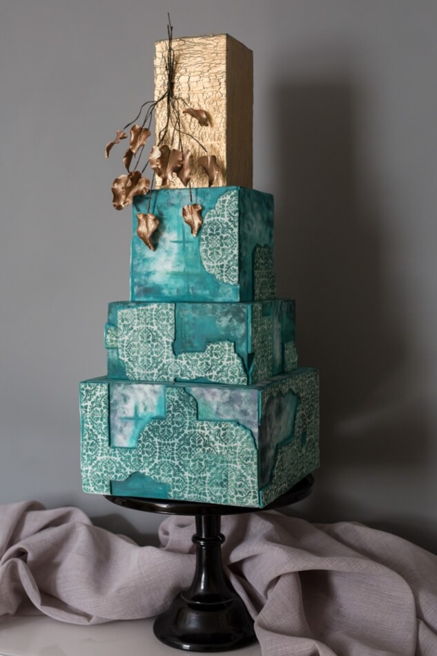 Contemporary Gold and Tiled Wedding Cake Devon