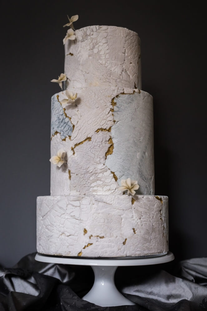 Modern Textured Kintsugi wedding cake with gold Devon